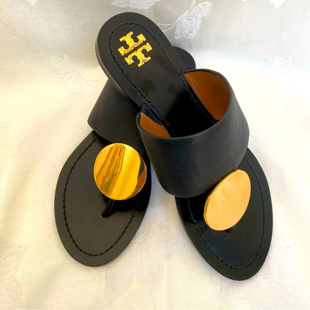 Tory Burch 73193 Patos Black Leather Gold Hardware Women's Sandal Sz 6M - Picture 5 of 10
